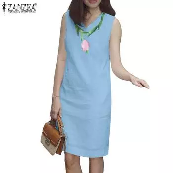 ZANZEA Женское повседневное платье без рукавов с v-образным вырезом и цветочным принтом 4XL белый