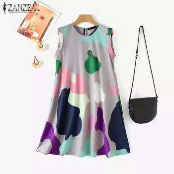 ZANZEA Женское повседневное платье без рукавов с принтом и круглым вырезом S синий