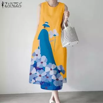 ZANZEA Женское повседневное платье без рукавов с круглым вырезом и принтом
