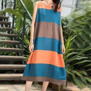 ZANZEA Женское повседневное платье без рукавов с круглым вырезом в цветную полоску 4XL оранжевый