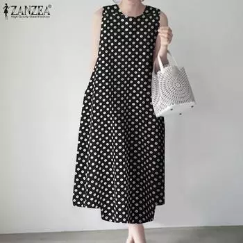 ZANZEA Женское повседневное платье без рукавов с круглым вырезом и принтом в горошек M чёрный