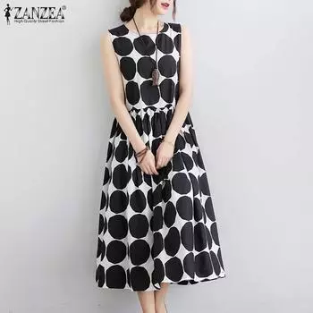 ZANZEA Женское повседневное платье без рукавов с круглым вырезом и принтом в горошек, летнее S чёрный