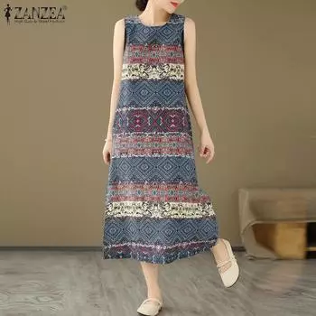 ZANZEA Женское повседневное платье без рукавов с круглым вырезом и принтом на лето 3XL хаки