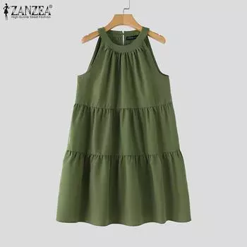 ZANZEA Женское повседневное платье без рукавов с открытыми плечами и круглым вырезом M армия зеленый