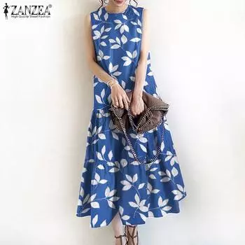 ZANZEA Женское повседневное платье с круглым вырезом и принтом без рукавов в стиле бохо 4XL чёрный