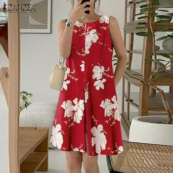 ZANZEA Женское повседневное платье без рукавов с круглым вырезом и принтом