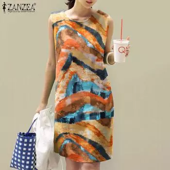 ZANZEA Женское повседневное платье без рукавов с круглым вырезом и принтом 5XL красный