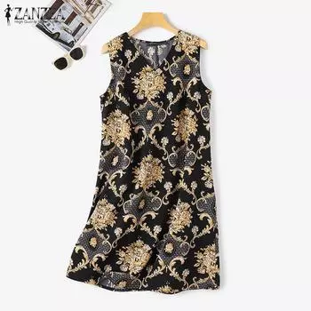 ZANZEA Женское повседневное платье без рукавов с v-образным вырезом и принтом