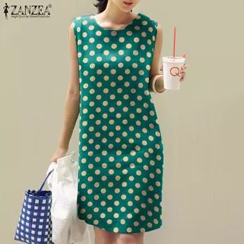 ZANZEA Женское повседневное платье без рукавов с круглым вырезом Лето в горошек 5XL темно-синий