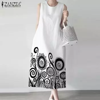 ZANZEA Женское повседневное платье без рукавов с круглым вырезом и цветочным принтом S чёрный