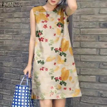 ZANZEA Женское повседневное платье без рукавов с круглым вырезом и цветочным принтом M жёлтый
