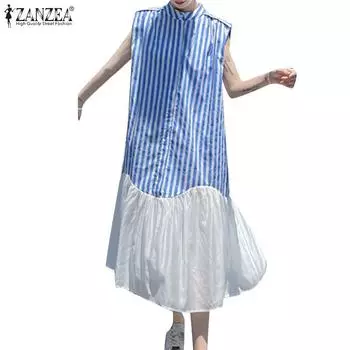 ZANZEA Женское повседневное платье без рукавов в полоску с круглым вырезом XL чёрный