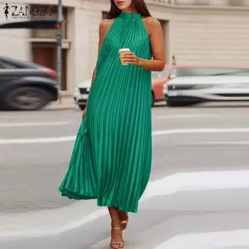 ZANZEA Женское повседневное платье без рукавов с круглым вырезом и открытыми плечами S зелёный