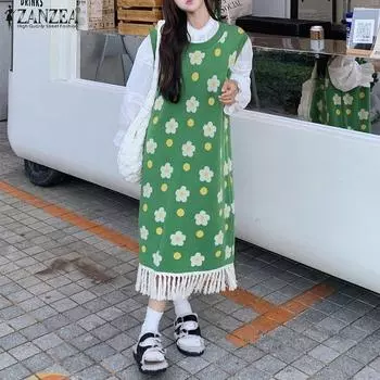 ZANZEA Женское повседневное платье без рукавов с круглым вырезом и цветочным принтом S зелёный