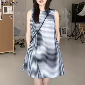 ZANZEA Женское повседневное платье без рукавов с круглым вырезом и принтом в сетку S чёрный