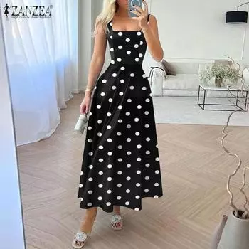 ZANZEA Женское повседневное платье без рукавов с квадратным вырезом и праздничным принтом в горошек S чёрный