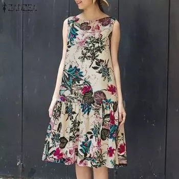 ZANZEA Женское повседневное платье без рукавов с круглым вырезом и цветочным принтом S жёлтый