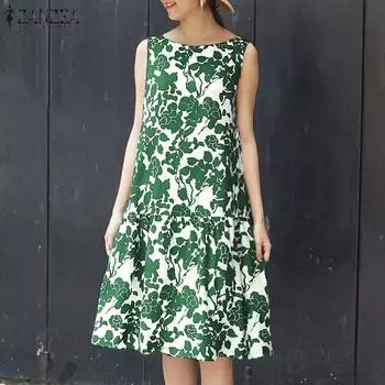 ZANZEA Женское повседневное платье без рукавов с цветочным принтом и круглым вырезом S зелёный