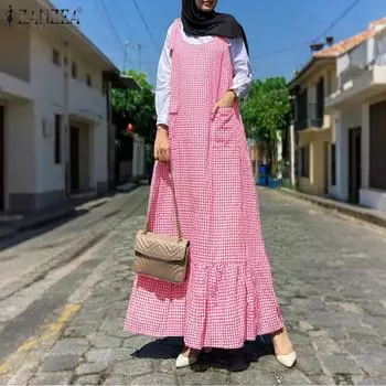 ZANZEA Женское повседневное платье без рукавов со шнуровкой и клетчатым принтом, длинное S тёмно-синий