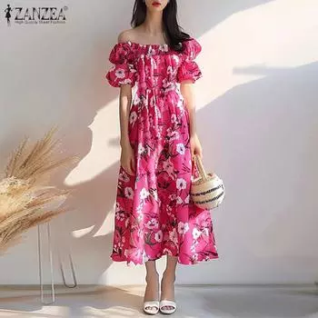 ZANZEA Женское повседневное платье-фонарик с открытыми плечами и короткими рукавами с цветочным принтом S розовый