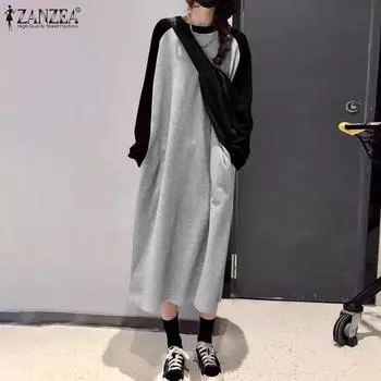 ZANZEA Женское повседневное платье-футболка с длинным рукавом в стиле пэчворк S серый