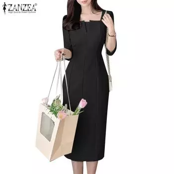 ZANZEA Женское повседневное платье-футляр с квадратным воротником и рукавом 3/4 S чёрный
