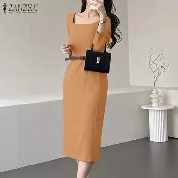 ZANZEA Женское повседневное платье-футляр с квадратным воротником и короткими рукавами S чёрный