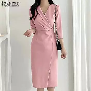 ZANZEA Женское повседневное платье-футляр с V-образным вырезом и рукавом 3/4 Лето S розовый