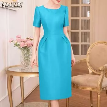 ZANZEA Женское повседневное платье-футляр с круглым вырезом и коротким рукавом на лето S синий