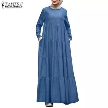 ZANZEA Женское повседневное платье из денима с круглым вырезом и длинным рукавом L синий