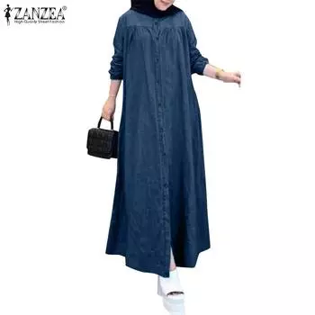 ZANZEA Женское повседневное платье из денима с круглым вырезом и длинным рукавом S тёмно-синий