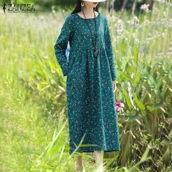 ZANZEA Женское повседневное платье из хлопка с круглым вырезом и цветочным принтом, с длинными рукавами S жёлтый