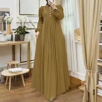 ZANZEA Женское повседневное платье-кафтан с круглым вырезом, свободного кроя, с длинными рукавами S хаки