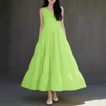 ZANZEA Женское повседневное платье-майка без рукавов с V-образным вырезом, свободного кроя S зелёный