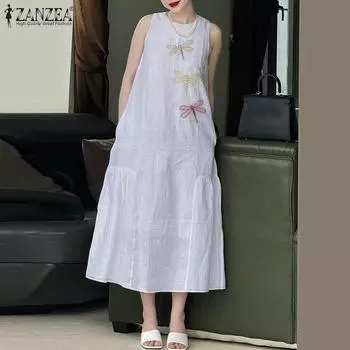 ZANZEA Женское повседневное платье-майка без рукавов с принтом и круглым вырезом 4XL синий