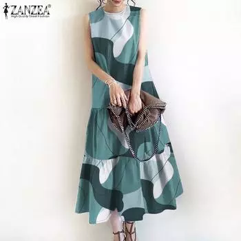 ZANZEA Женское повседневное платье-майка без рукавов с круглым вырезом и летним принтом 3XL чёрный