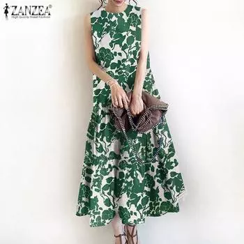 ZANZEA Женское повседневное платье-майка без рукавов с круглым вырезом и летним принтом S зелёный