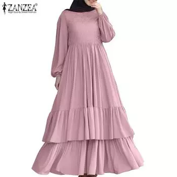 ZANZEA Женское повседневное платье макси с длинным рукавом и кружевным лоскутным узором S темно-синий