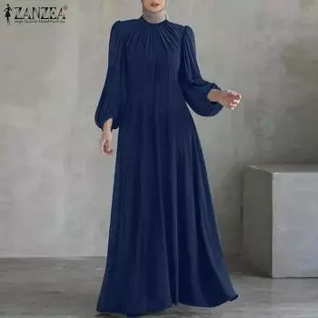 ZANZEA Женское повседневное платье макси с воротником-стойкой и длинными рукавами 3XL тёмно-синий