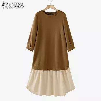 ZANZEA Женское повседневное платье-пуловер с длинным рукавом в стиле пэчворк 2XL бежевый