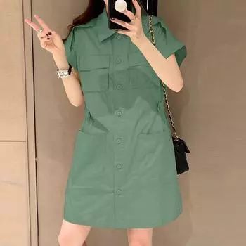 ZANZEA Женское повседневное платье-рубашка с отложным воротником и коротким рукавом S зелёный