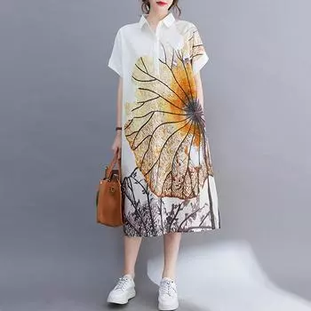 ZANZEA Женское повседневное платье-рубашка с отложным воротником и принтом с короткими рукавами 2XL жёлтый