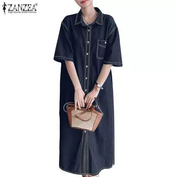 ZANZEA Женское повседневное платье-рубашка с отложным воротником и коротким рукавом S темно-синий