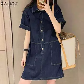 ZANZEA Женское повседневное платье-рубашка с коротким рукавом и пуговицами, однотонное свободное платье-рубашка 5XL светло-синий