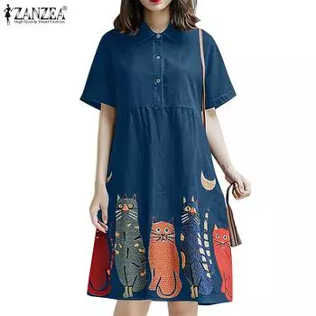 ZANZEA Женское повседневное платье-рубашка с отложным воротником и коротким рукавом с принтом 4XL вино красного