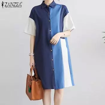 ZANZEA Женское повседневное платье-рубашка с отложным воротником и короткими рукавами в стиле пэчворк M темно-синий