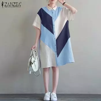 ZANZEA Женское повседневное платье-рубашка с отложным воротником и короткими рукавами в стиле пэчворк L