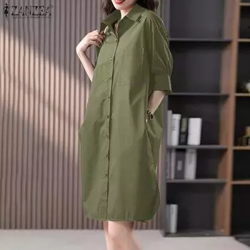 ZANZEA Женское повседневное платье-рубашка с отложным воротником и рукавом 3/4 S темно-синий