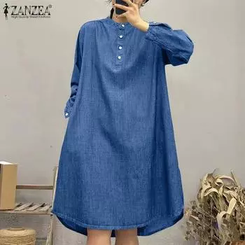 ZANZEA Женское повседневное платье-рубашка с воротником-стойкой и длинными рукавами 3XL светло-синий