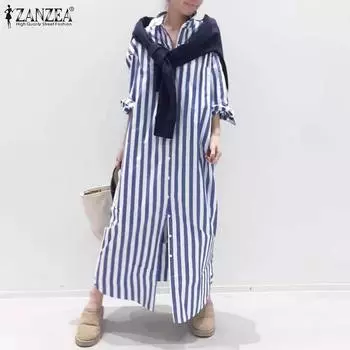 ZANZEA Женское повседневное платье-рубашка с отложным воротником и длинными рукавами в полоску 2XL зелёный